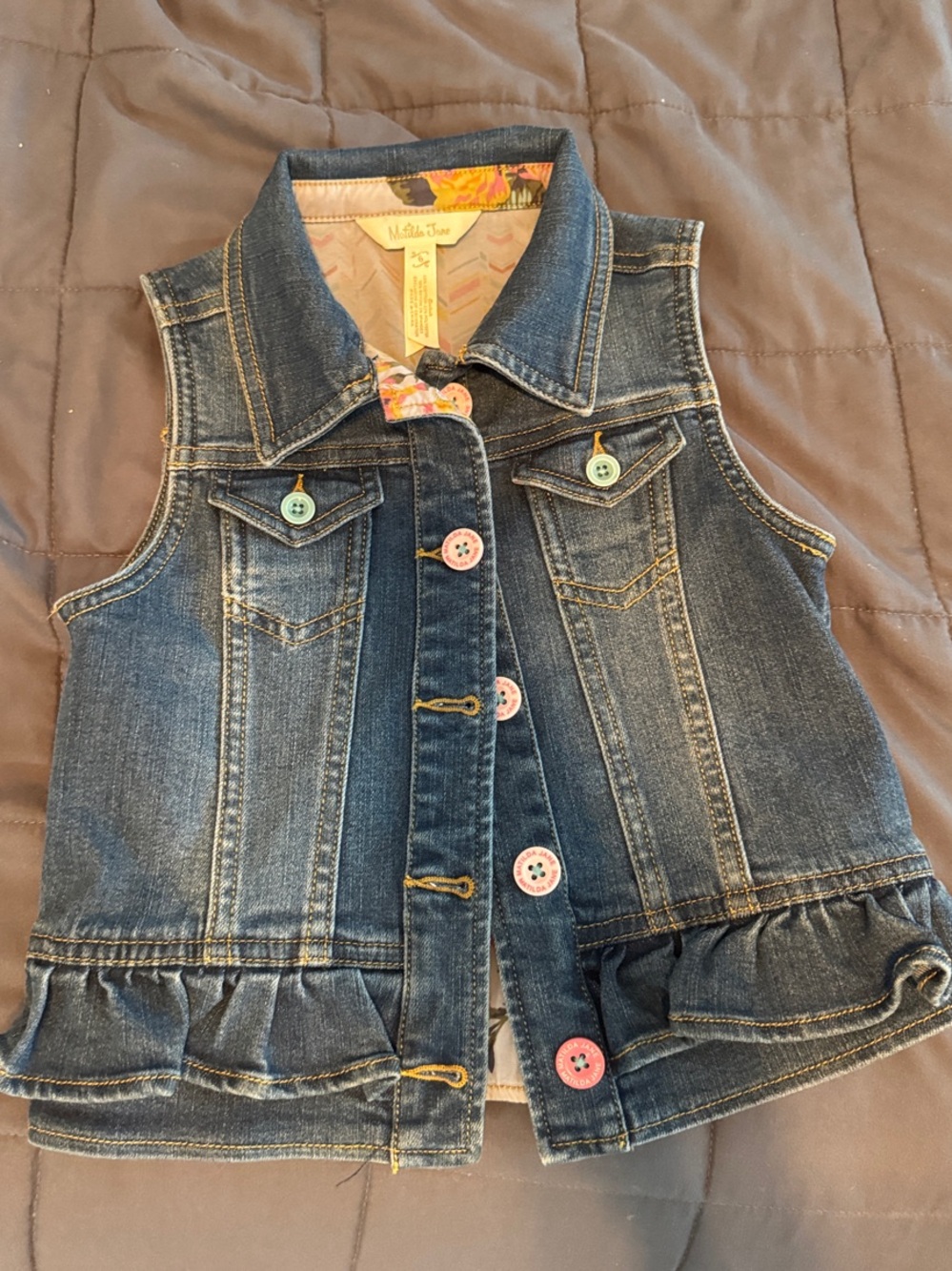 Matilda Jane Girls Denim Jean Vest Jacket with Pink & Green Buttons